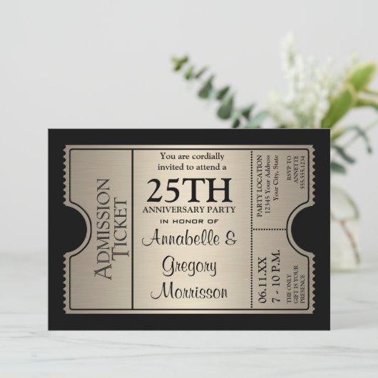 Zilveren Ticket Stijl 25e Huwelijksjubileumfeestje Kaart (Staand voorkant)