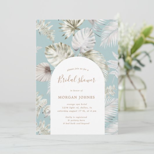 Zilveren Tropische Foliage Bridal Douche Uitnodigi Kaart (Staand voorkant)