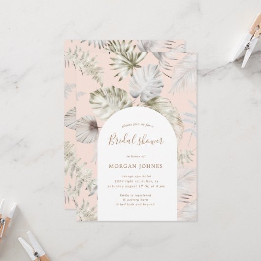 Zilveren Tropische Foliage Bridal Douche Uitnodigi Kaart (Voorkant / Achterkant in situ)