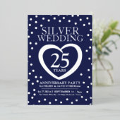 Zilveren trouwdag 25e feest marine zilver folie uitnodiging (Staand Voorkant)