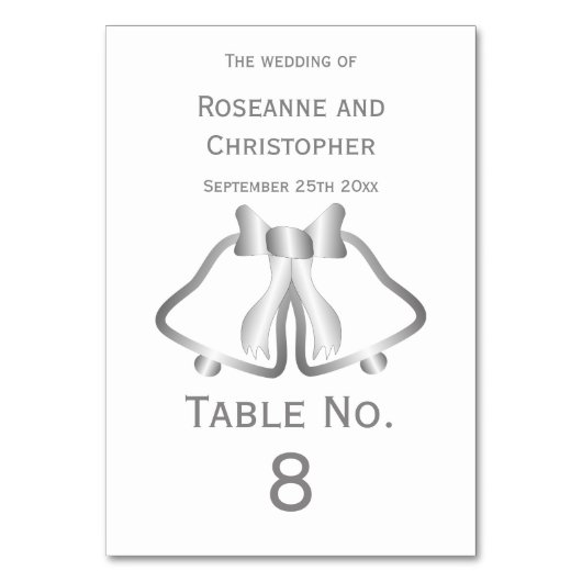Zilveren Trouwtafel Nummer Kaart bellen en lint (Voorkant)