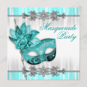 Zilveren Turquoise Blauwe Maskerade Feest Uitnodig Kaart