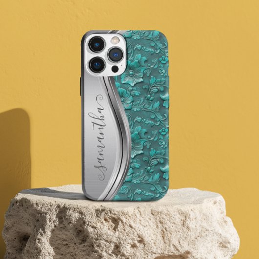 Zilveren Turquoise Faux Tooled Leather Cowgirl iPhone Hoesje