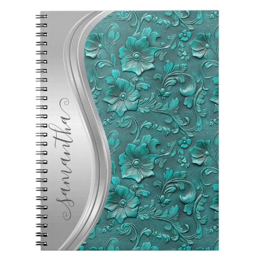 Zilveren Turquoise Faux Tooled Leather Cowgirl Notitieboek (Voorkant)