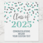 Zilveren Turquoise Glitter Klasse van 2025 Afstude Wijn Etiket (Enkel label)