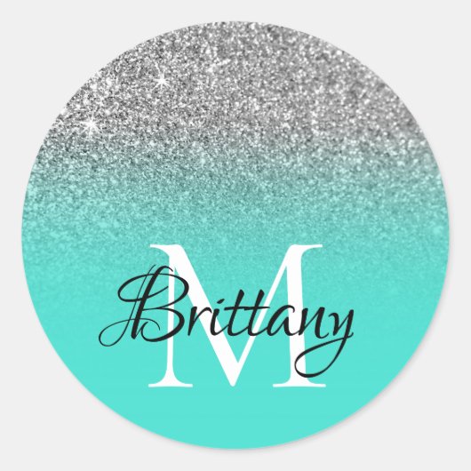 Zilveren Turquoise Glitter Ombre Monogram Ronde Sticker (Voorkant)