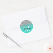 Zilveren Turquoise Glitter Ombre Monogram Ronde Sticker (Envelop)