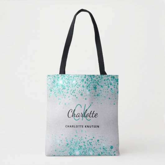 Zilveren turquoise groene glitters monogram naam g tote bag (Voorkant)