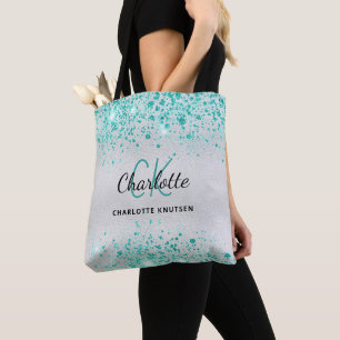 Zilveren turquoise groene glitters monogram naam g tote bag