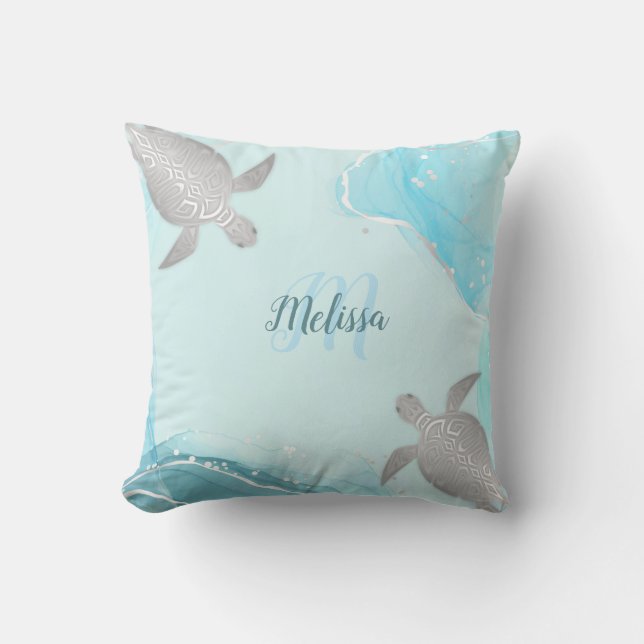 Zilveren Turquoise Marmer Monogram Je Naam Buitenkussen (Voorkant)