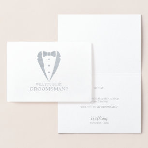 Zilveren Tuxedo Suit Gepersonaliseerde Groomsman V Folie Kaarten
