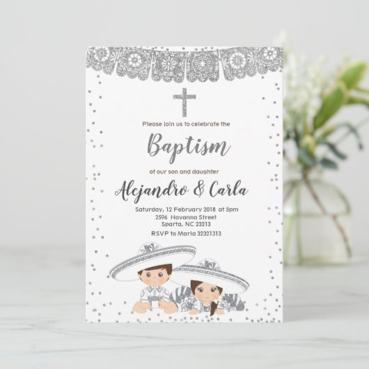 Zilveren tweeling jongen en meisje doop kaart (Staand voorkant)