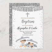 Zilveren tweeling jongen en meisje doop kaart (Voorkant / Achterkant)