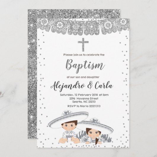 Zilveren tweeling jongen en meisje doop kaart (Voorkant / Achterkant)