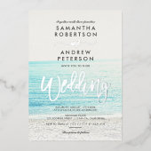 Zilveren typografie strand foto bruiloft folie uitnodiging (Voorkant)