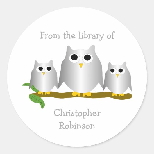 Zilveren Uilen Ontwerp Ex-Libris Ronde Sticker (Voorkant)