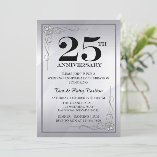 Zilveren uitnodiging voor 25-jarig huwelijksjubile (Staand voorkant)