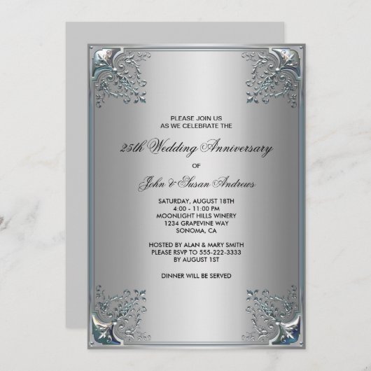 Zilveren uitnodigingen voor 25-jarig jubileumfeest (Voorkant / Achterkant)