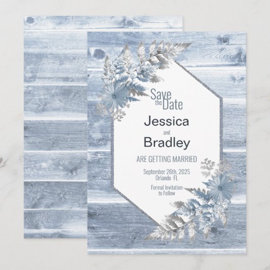 Zilveren varen hout botanische bruiloft save the date (Voorkant / Achterkant)