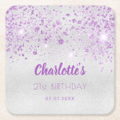 Zilveren verjaardags monogram met paarse glitter kartonnen onderzetters (Voorkant)