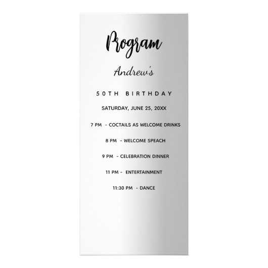 Zilveren verjaardagsprogramma dinerkaart reclamekaart (Voorkant)