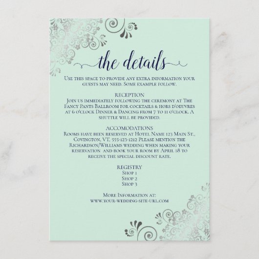 Zilveren Versiersels Muntgroene & Marineblauwe Tro Informatiekaartje (Voorkant)