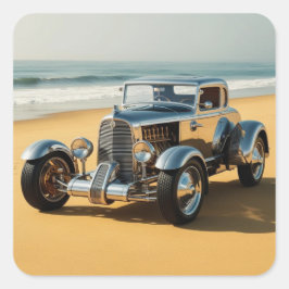 Zilveren vintage auto op het strand vierkante sticker