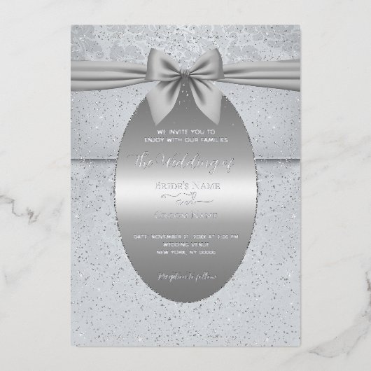 Zilveren Vintage met Boog Bruiloft Uitnodiging (Voorkant)