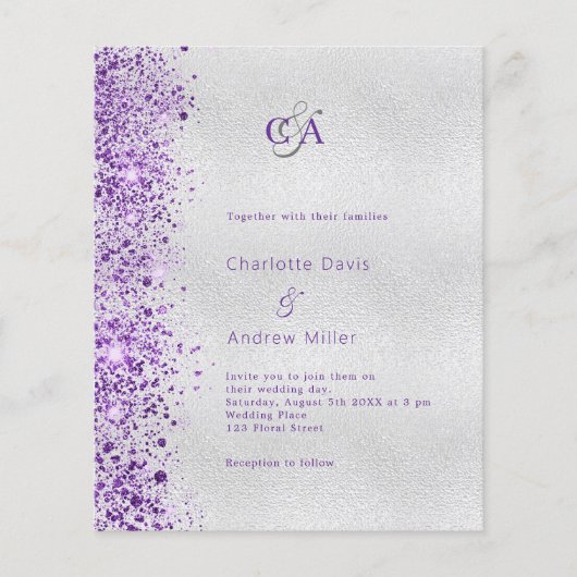 Zilveren violet paarse budget bruiloft uitnodiging (Voorkant)