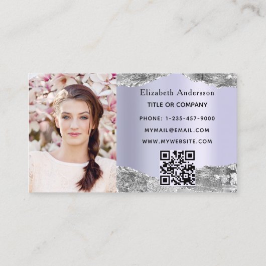 Zilveren violette agaat marmer QR code foto Visitekaartje (Achterkant)
