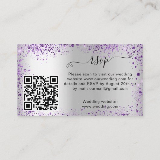 Zilveren violette bruiloft reactie website QR RSVP Informatiekaartje (Achterkant)