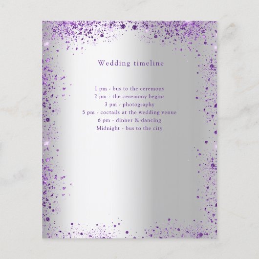 Zilveren violette budget bruiloft programma detail flyer (Achterkant)