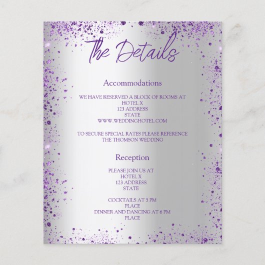 Zilveren violette budget bruiloft programma detail flyer (Voorkant)