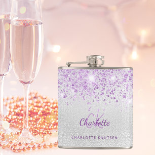 Zilveren violette glinsterende monogram beste vrie heupfles