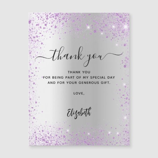 Zilveren violette glitter schittert bedankje magnetische uitnodiging (Voorkant)