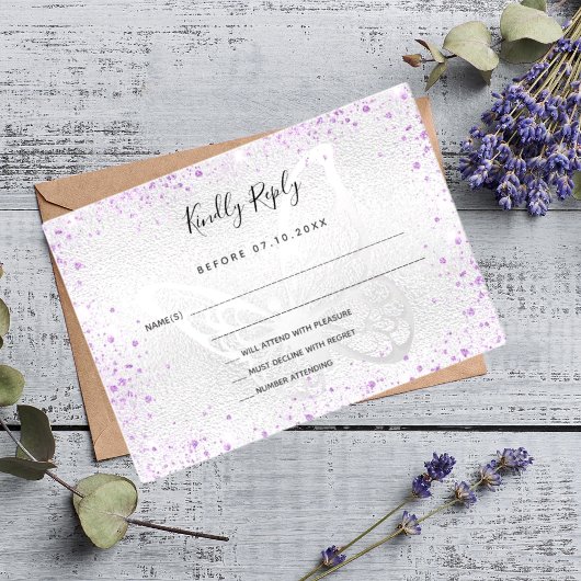 Zilveren violette glitter vlinder bruiloft RSVP Notitiekaartje