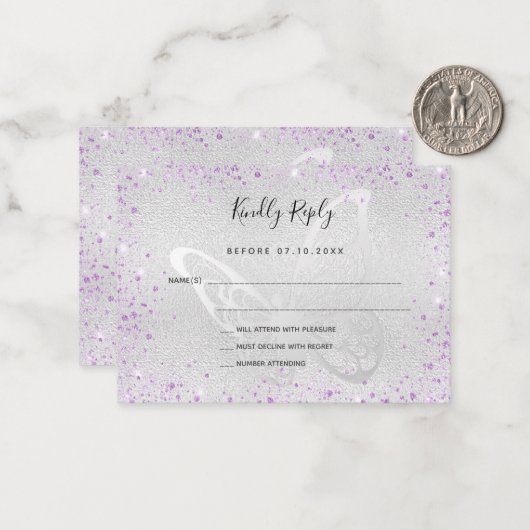 Zilveren violette glitter vlinder bruiloft RSVP Notitiekaartje (Voorkant / Achterkant in situ)
