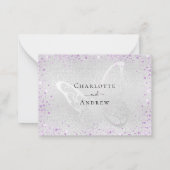 Zilveren violette glitter vlinder bruiloft RSVP Notitiekaartje (Achterkant)