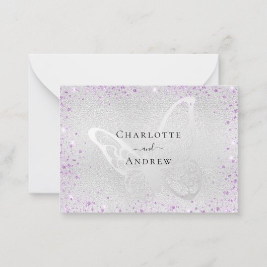 Zilveren violette glitter vlinder bruiloft RSVP Notitiekaartje (Achterkant)