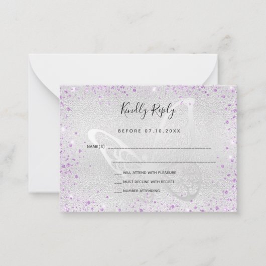 Zilveren violette glitter vlinder bruiloft RSVP Notitiekaartje (Voorkant)