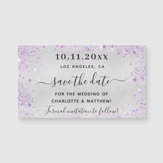 Zilveren violette trouw save the date-magneet (Voorkant)