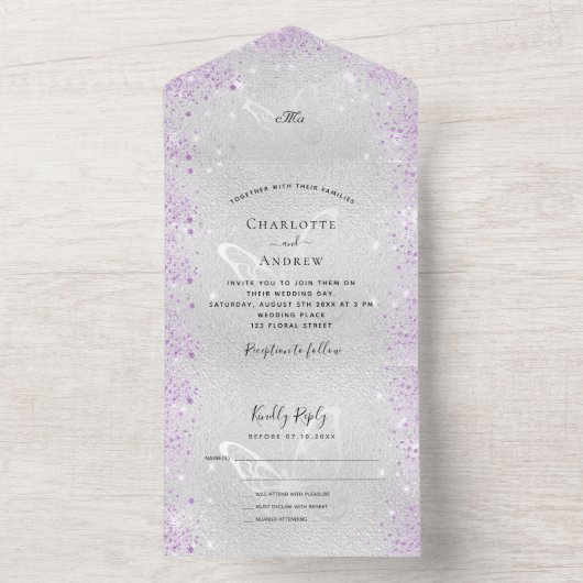 Zilveren violette vlinders schitteren bruiloft all in one uitnodiging (Binnen)