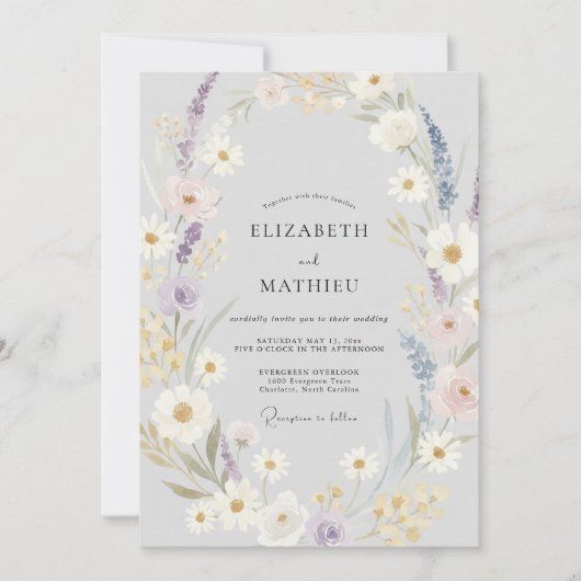 Zilveren Violette Wilde Bloemen Bruiloft Kaart (Voorkant)