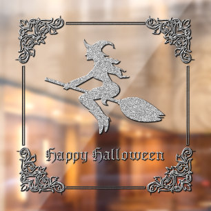 Zilveren vliegende heks Halloween Raamsticker