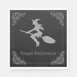 Zilveren vliegende heks Halloween Servet