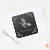 Zilveren vliegende heks Halloween Vierkante Sticker (Envelop)