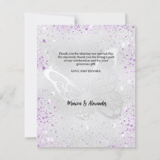 Zilveren vlinder bruiloft foto dank je kaart (Achterkant)