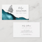 zilveren vlinder en blauwgroen visitekaartje (Voorkant / Achterkant)