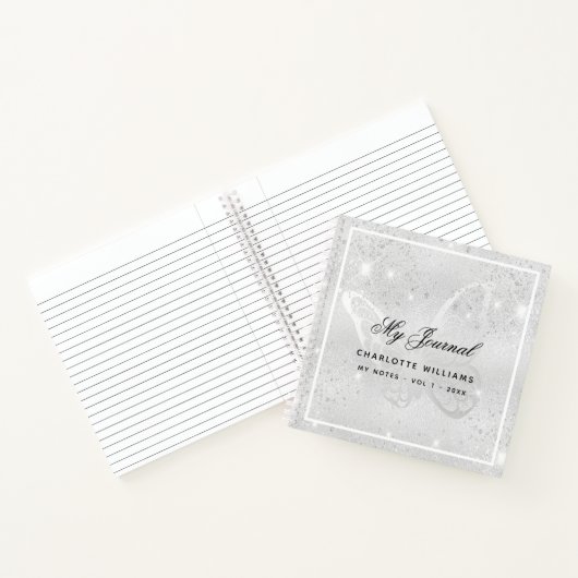 Zilveren vlinder glittersparels naam schrift notitieboek (Binnen)