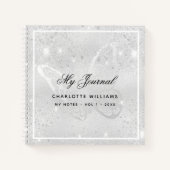 Zilveren vlinder glittersparels naam schrift notitieboek (Voorkant)